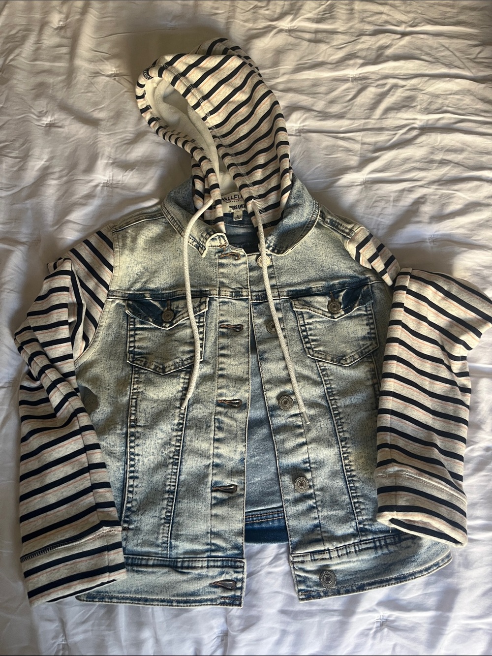 Juniors Light Wash Denim Jacket with Striped Hood and Sleeves